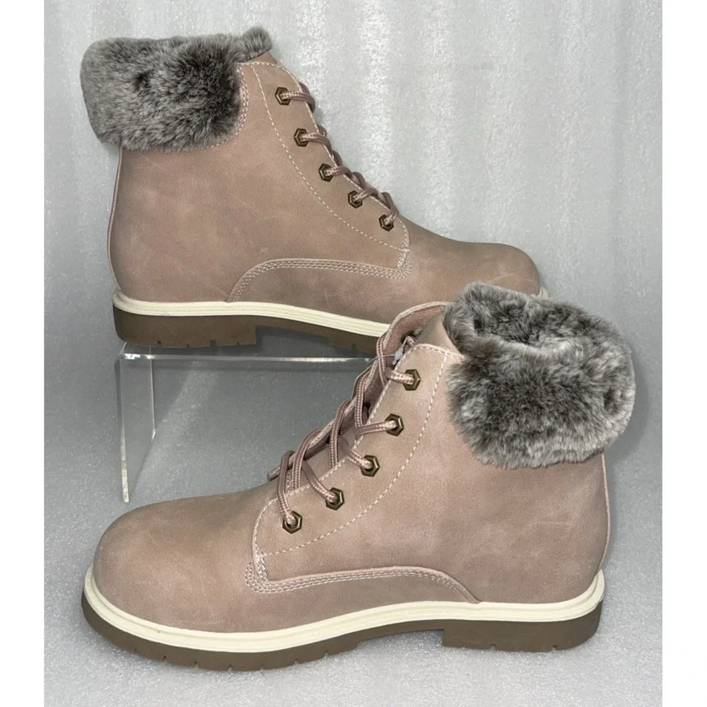 Thereabouts London Hiking Combat Boots Pink w/ Fur Lace Up Big Girls Size 5‎ NEW